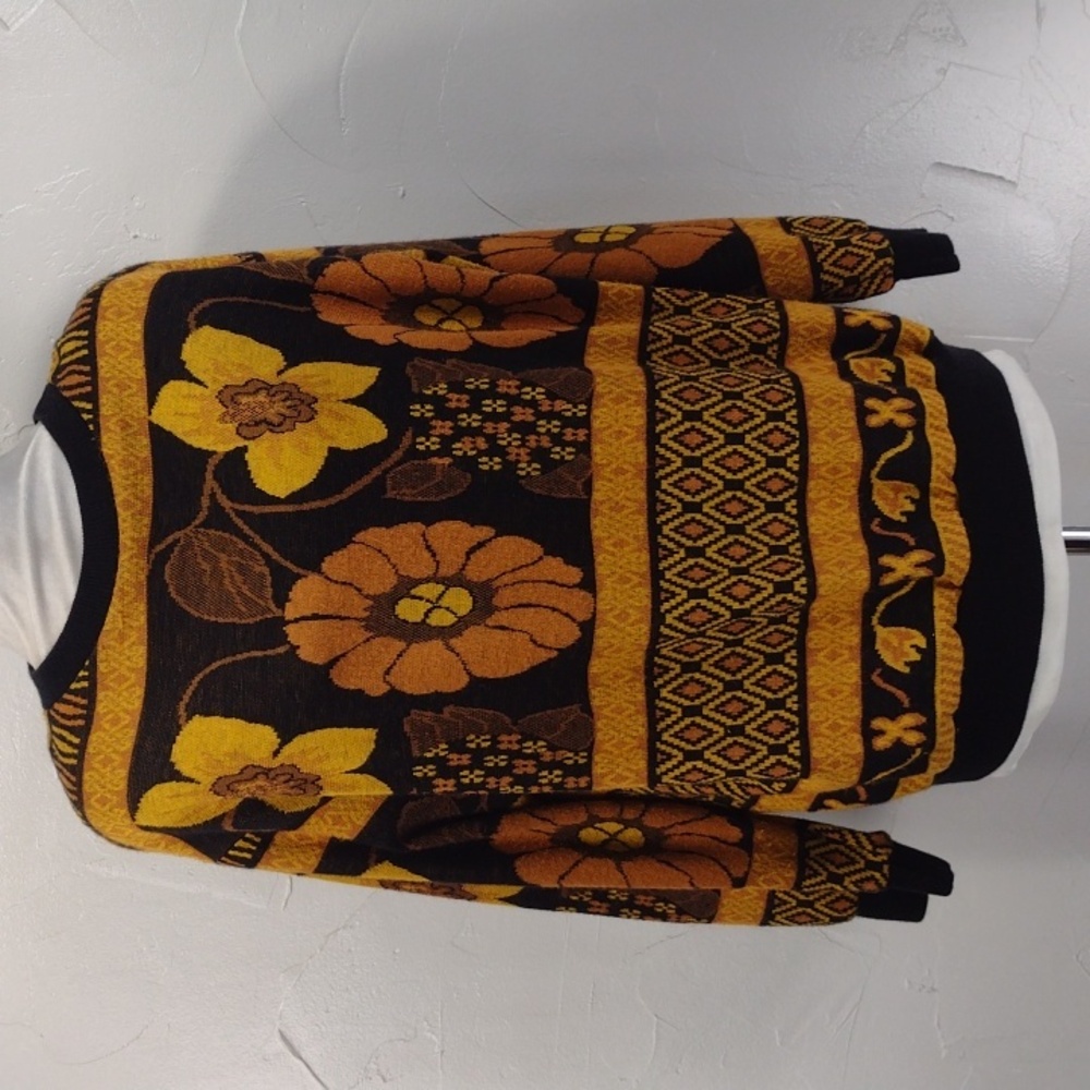 80s Lane Bryant Brown & Yellow Floral Acrylic Pullover Knit Sweater Large